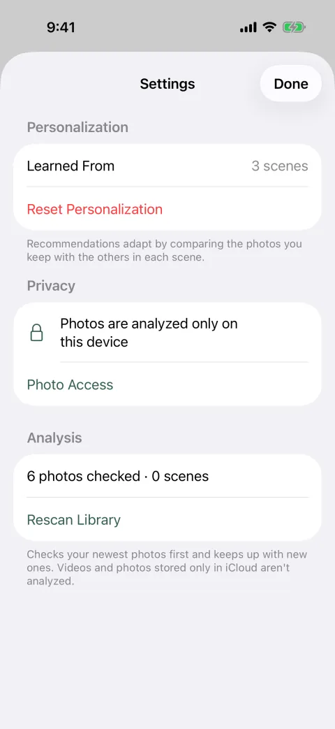 Settings: Learned From 3 scenes and Reset Personalization, “Photos are analyzed only on this device” under Privacy, and Rescan Library under Analysis.